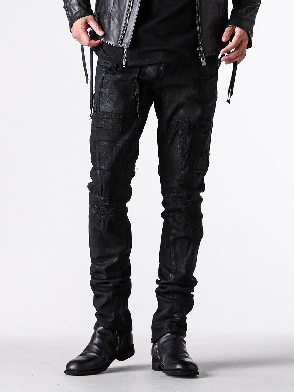 D.HYGEN - 25AW - Straight Slim Denim Crafted Through Multi-Stage Damage and Repair Processing - ST107-0325A - Product Coated Stretch Denim Damage Repair Straight Slim Pants - 698 - Side Zip Boots Single Sole 2-001