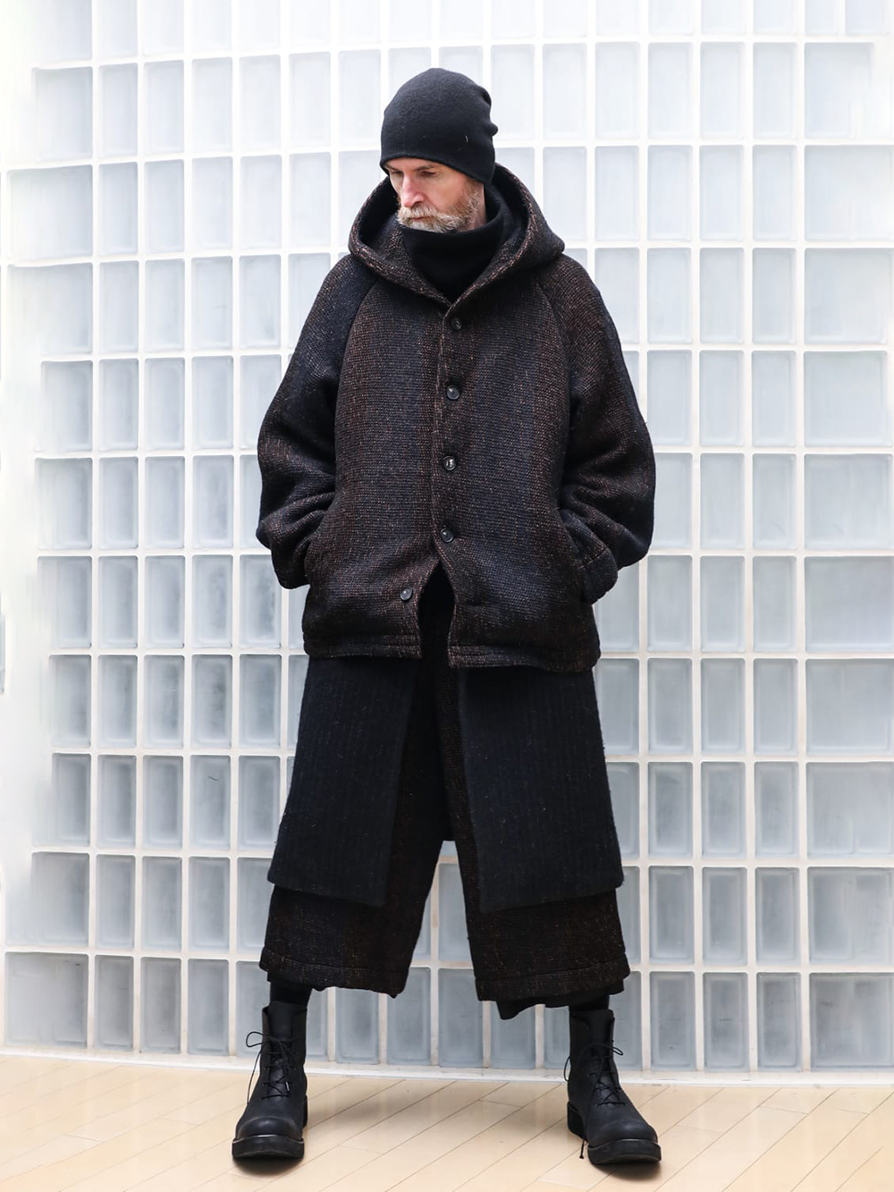 CROMAGNON - 25-26AW - Coats - Hooded Coat Hand Woven Stripe （BLACK STRIPE） / CC-SVHWS 1-003