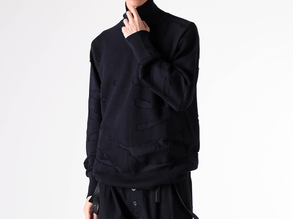 nude:masahiko maruyama - 25-26AW - Cardigan and knit - 12GG DAMAGE KNIT HIGH NECK PULLOVER （Black） /　NU-1867 3-003