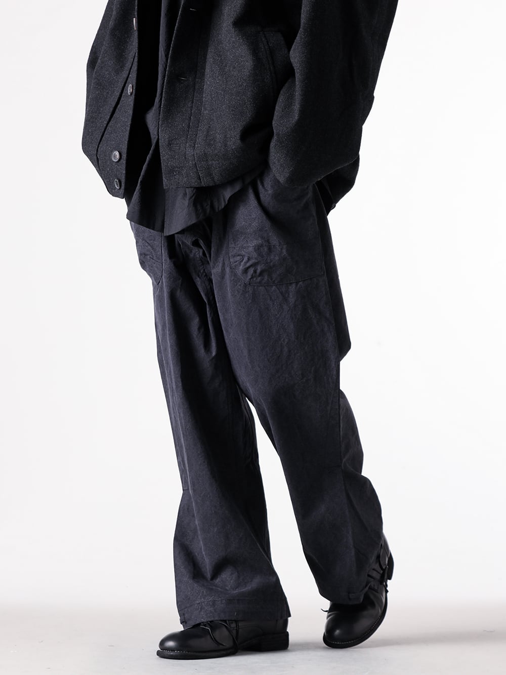 JAN-JAN VAN ESSCHE - 25AW  - 下半身 - TROUSERS#88 - LOOSE FIT SINGLE PLEATED TROUSERS （Black） - 992X - Classic Derby Shoes Laced Up Single Sole Wide Model （Black） 2-002