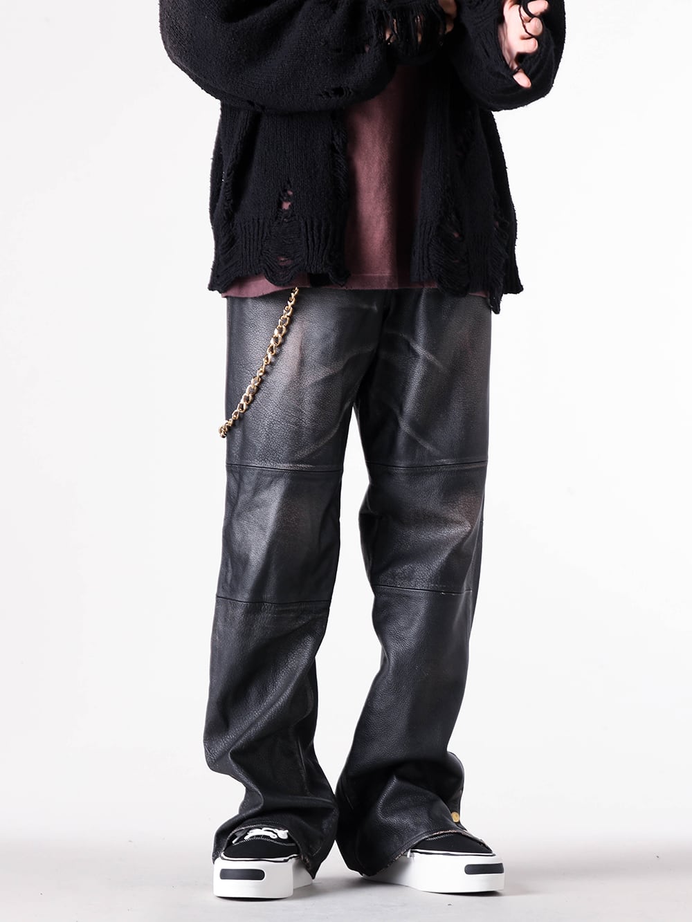 KAMIYA - 25AW  - Vintage leather pants designed for immediate impact, not gradual aging - G15PT015 - Distressed Leather Pants - G12AC075 - Long Wallet Chain - G15FW701 - Herc Platform Sneaker 2-001