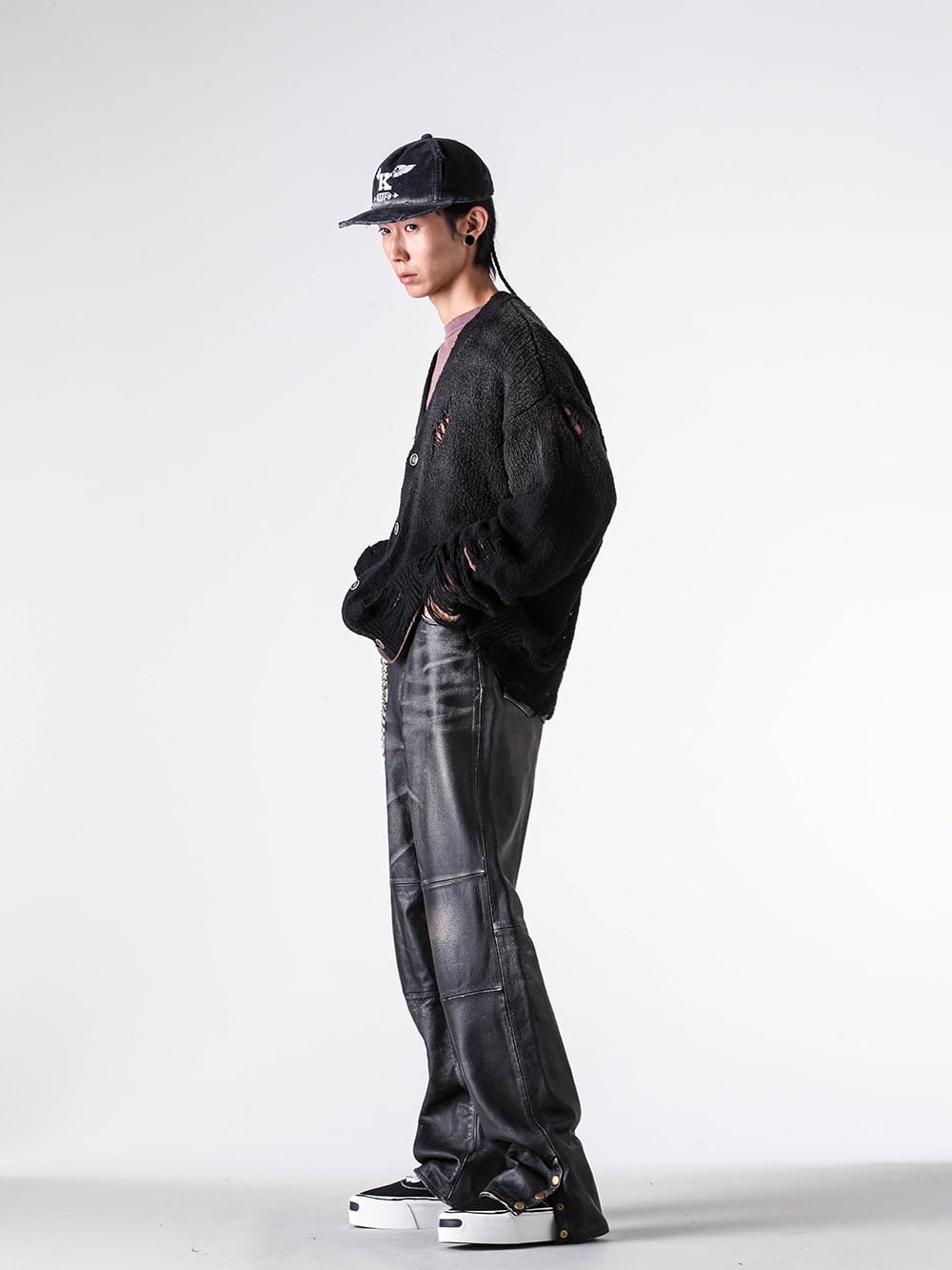 KAMIYA - 25AW - Coordination lookbook - G15CD064 - Sun-Faded Cardigan - G15LT081 - Skull Flame Distressed L/S Tee - G15PT015 - Distressed Leather Pants - G15CA104 - CA4LA × KAMIYA K-Wing Distressed Cap - G12AC075 - Long Wallet Chain - G15FW701 - Herc Platform Sneaker 3-002