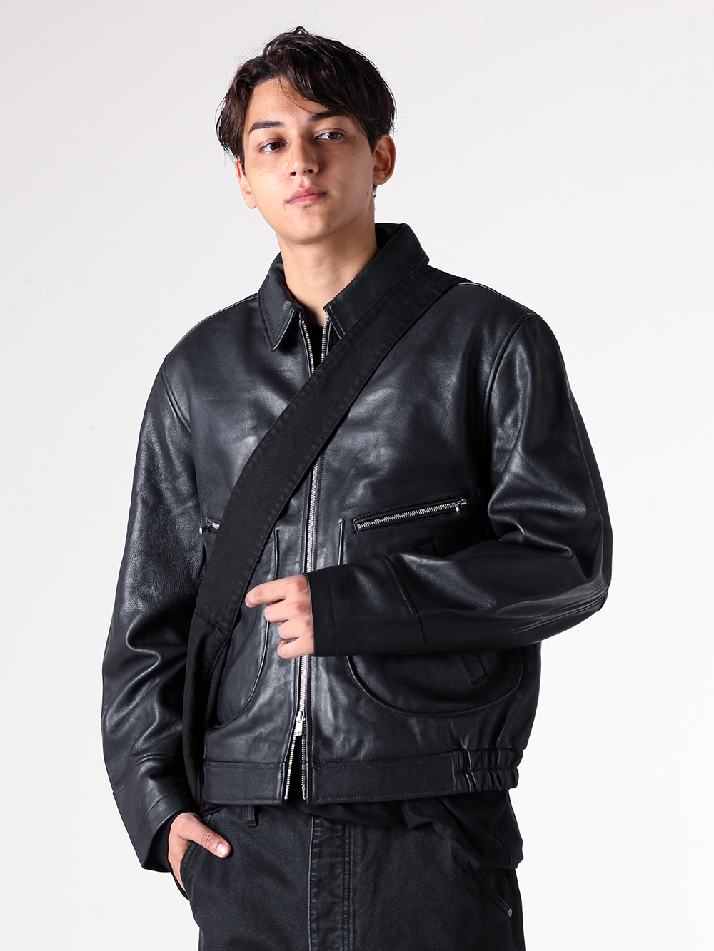 NO MAINTENANCE - 25AW styling - A Leather Jacket Updating the Flight Jacket for Today - NM-0026-HR - AERO LEATHER JACKET - CSC-SVB3 - Long Sleeve SUVIN Cotton Jersey - NM-0116-WB - WASHED CANVAS SLING BAG 1-001