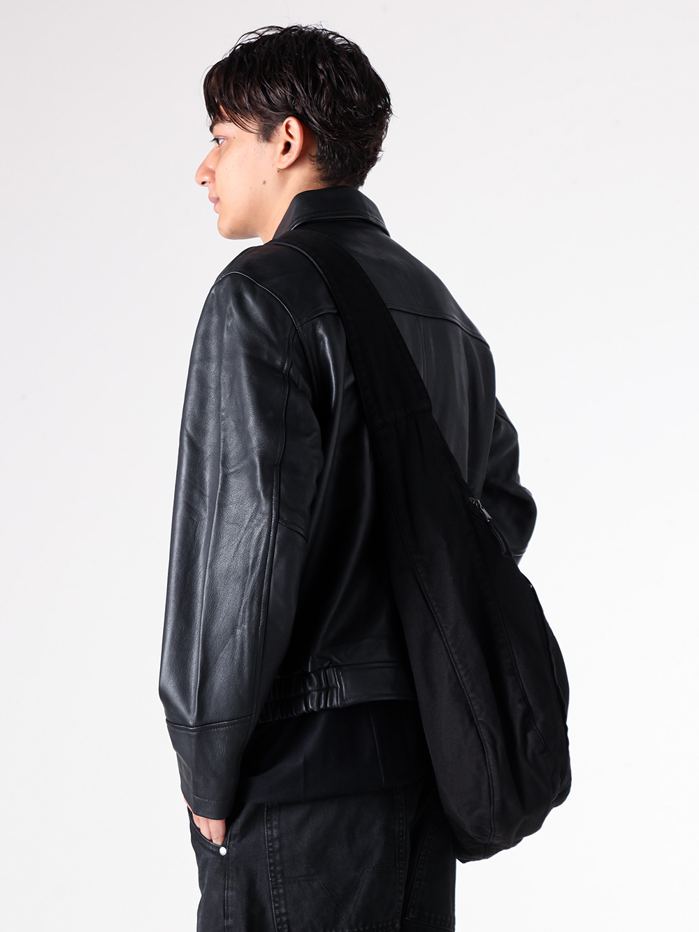 NO MAINTENANCE - 25AW styling - A Leather Jacket Updating the Flight Jacket for Today - NM-0026-HR - AERO LEATHER JACKET - CSC-SVB3 - Long Sleeve SUVIN Cotton Jersey - NM-0116-WB - WASHED CANVAS SLING BAG 1-002