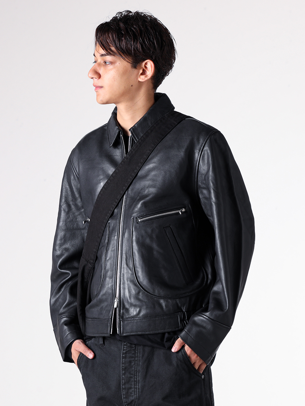 NO MAINTENANCE - 25AW styling - A Leather Jacket Updating the Flight Jacket for Today - NM-0026-HR - AERO LEATHER JACKET - CSC-SVB3 - Long Sleeve SUVIN Cotton Jersey - NM-0116-WB - WASHED CANVAS SLING BAG 1-004