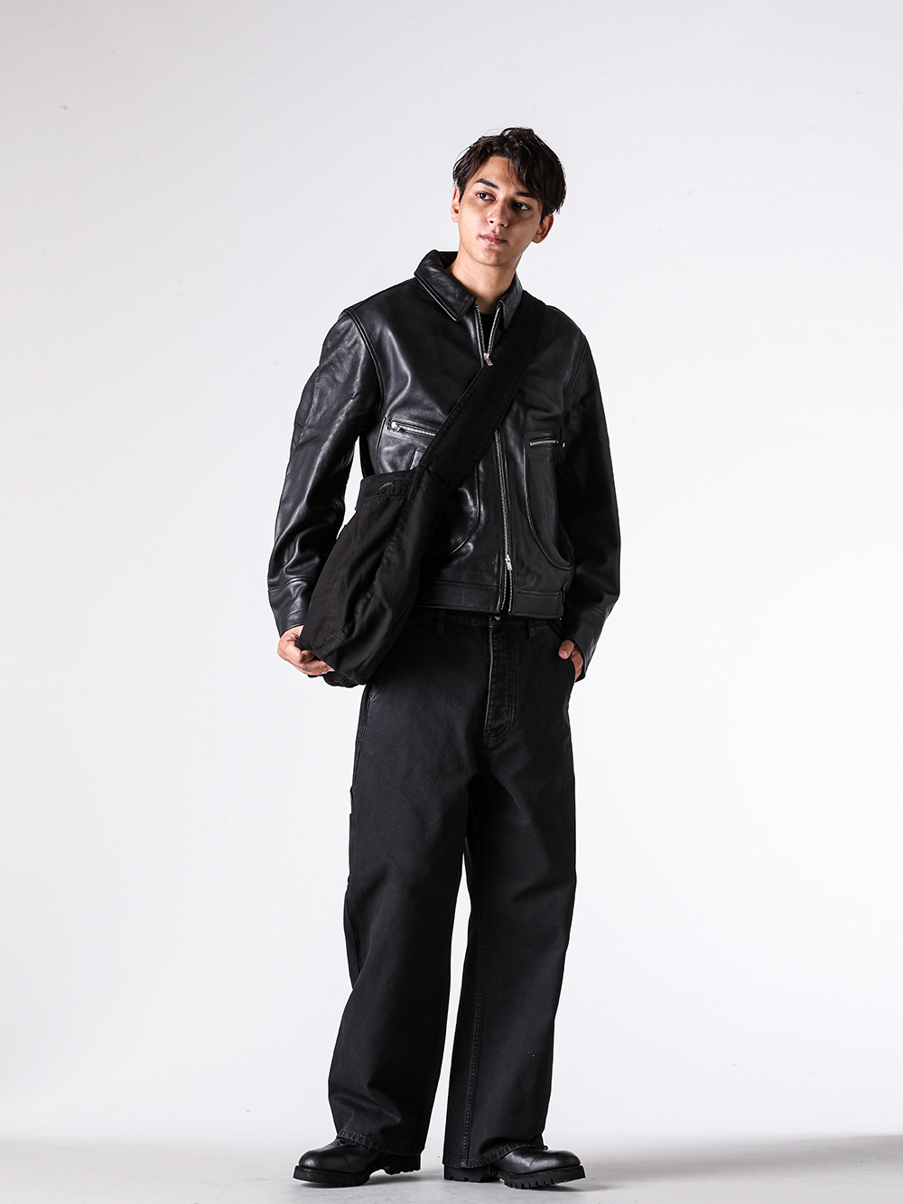 NO MAINTENANCE - 25AW - Full outfit - NM-0026-HR - AERO LEATHER JACKET - CSC-SVB3 - Long Sleeve SUVIN Cotton Jersey - NM-0205-WB - TORAI CARPENTER PANTS - NM-0116-WB - WASHED CANVAS SLING BAG - 792VX - Norvegian welted Derby Shoes Vibram Sole 3-001