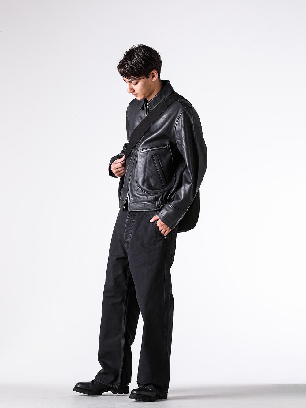 NO MAINTENANCE - 25AW - Full outfit - NM-0026-HR - AERO LEATHER JACKET - CSC-SVB3 - Long Sleeve SUVIN Cotton Jersey - NM-0205-WB - TORAI CARPENTER PANTS - NM-0116-WB - WASHED CANVAS SLING BAG - 792VX - Norvegian welted Derby Shoes Vibram Sole 3-002