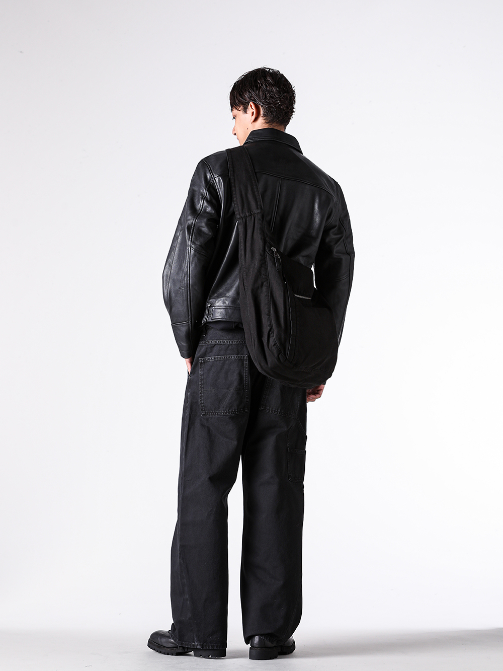 NO MAINTENANCE - 25AW - Full outfit - NM-0026-HR - AERO LEATHER JACKET - CSC-SVB3 - Long Sleeve SUVIN Cotton Jersey - NM-0205-WB - TORAI CARPENTER PANTS - NM-0116-WB - WASHED CANVAS SLING BAG - 792VX - Norvegian welted Derby Shoes Vibram Sole 3-003