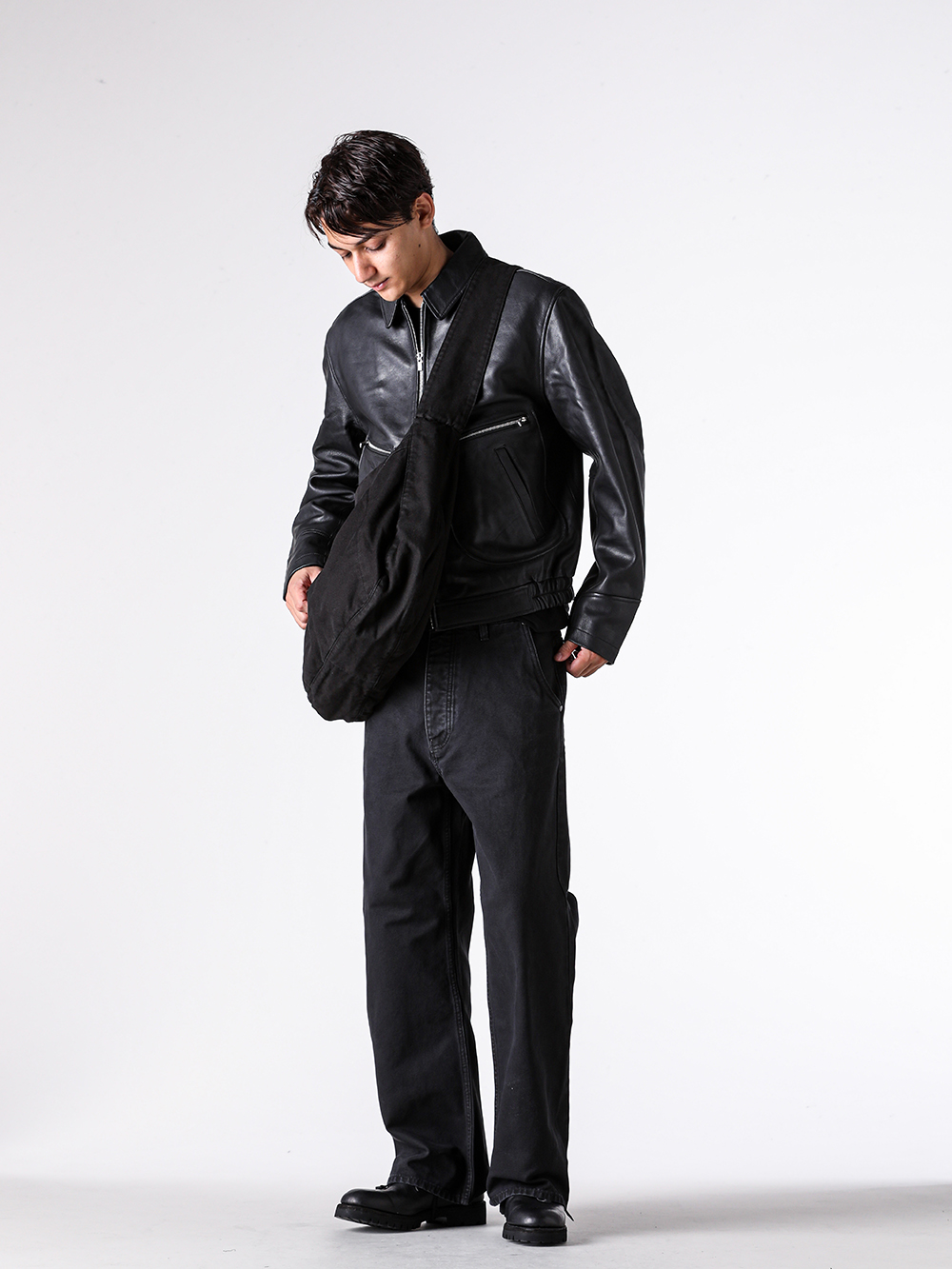 NO MAINTENANCE - 25AW - Full outfit - NM-0026-HR - AERO LEATHER JACKET - CSC-SVB3 - Long Sleeve SUVIN Cotton Jersey - NM-0205-WB - TORAI CARPENTER PANTS - NM-0116-WB - WASHED CANVAS SLING BAG - 792VX - Norvegian welted Derby Shoes Vibram Sole 3-004