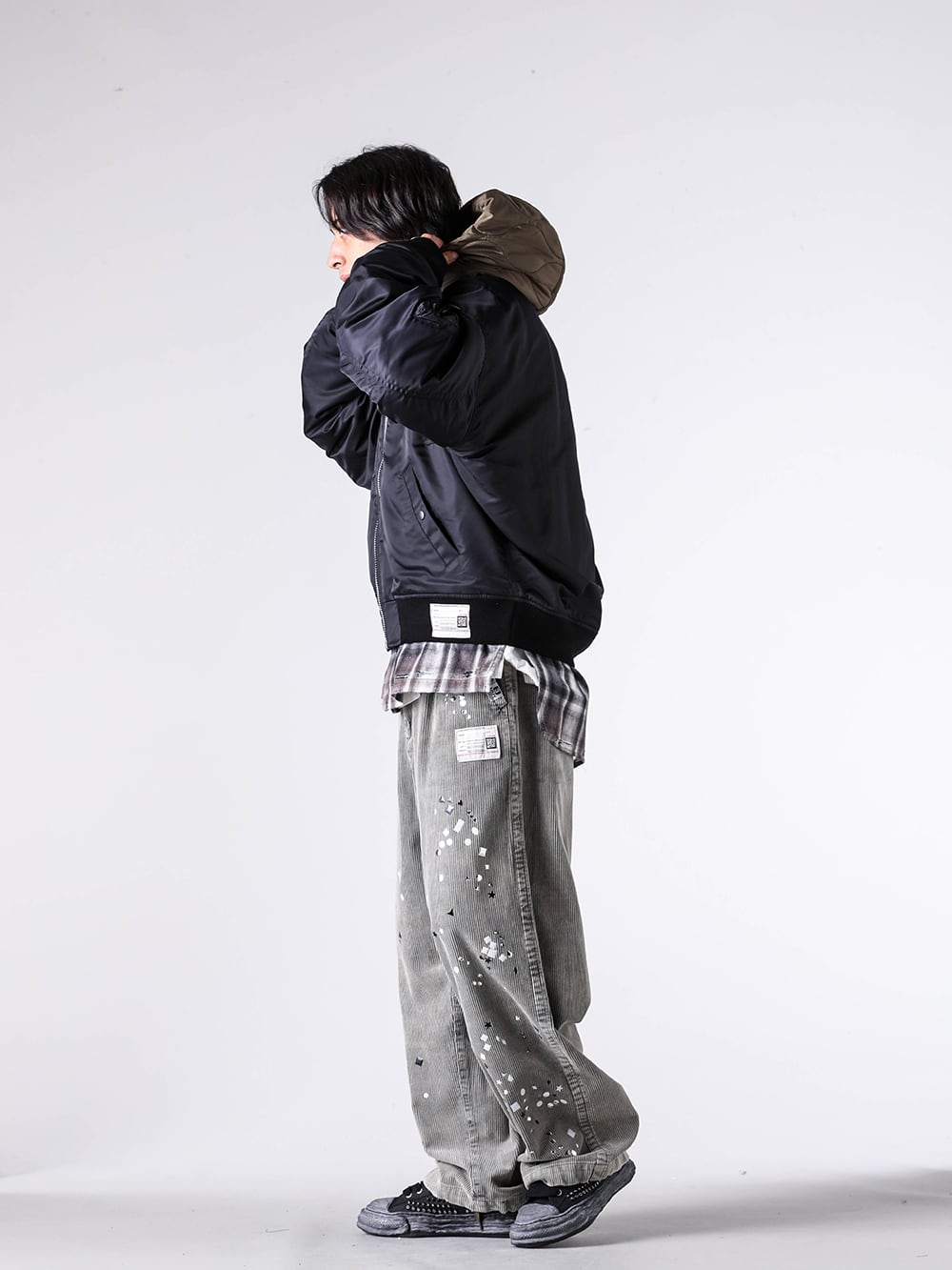 Maison MIHARA YASUHIRO - 25AW - Full Coordination Photo Gallery - A15BL062 - Hooded Bomber Jacket - J15SH181 - Vintage Like Check L/S Shirts - A15PT034 - Embellished Corduroy Trousers - A15FW721 - PETERSON 23 /Original Sole Studded Paint Canvas Low-Top Sneaker 3-002