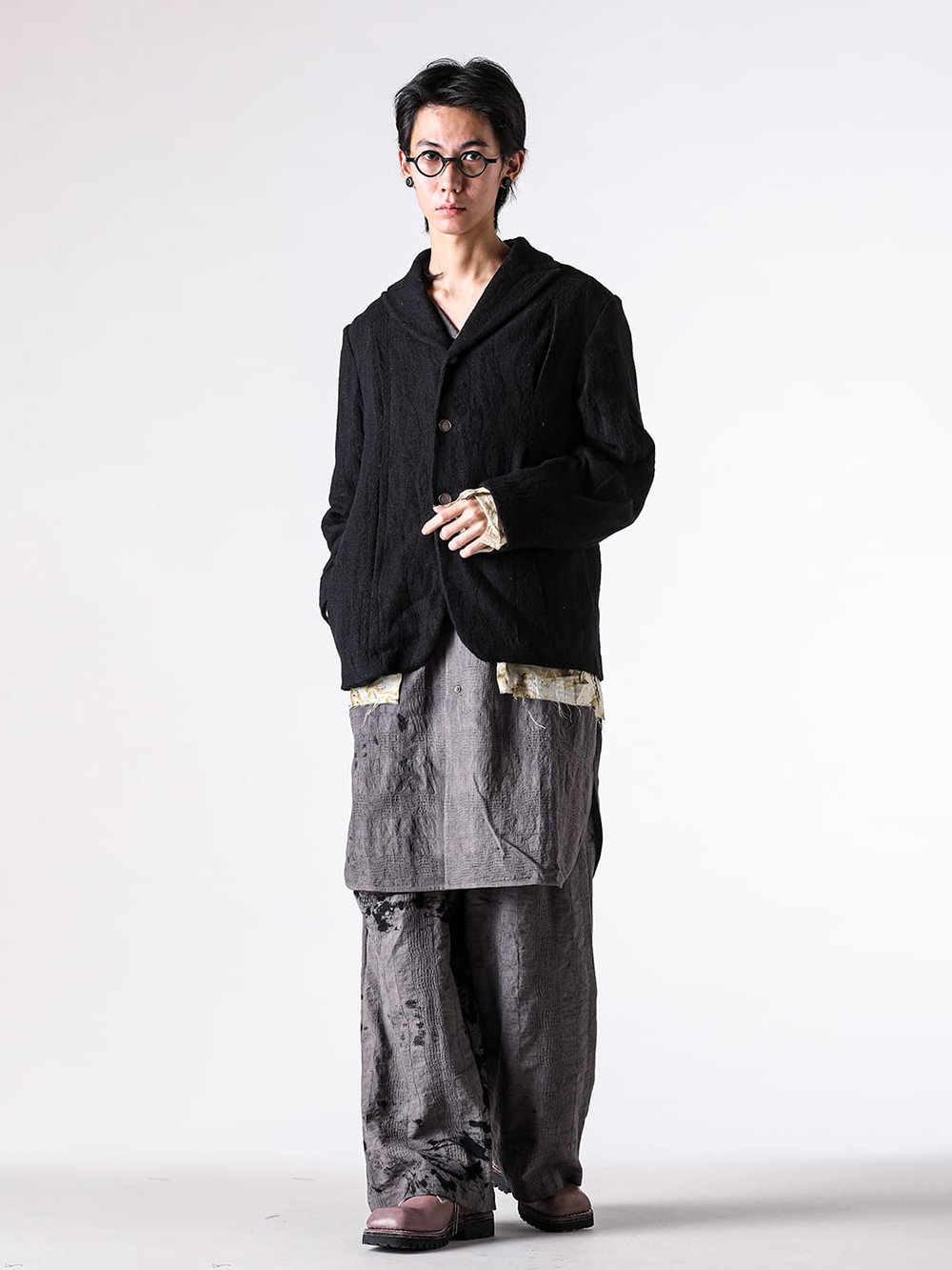 CHIAHUNG SU- 25-26AW  - Jacket - Hand Woven & Dyed Patched Knitting Pleated Blazer （Black） - AW25-MJ42-TMEP 2-003