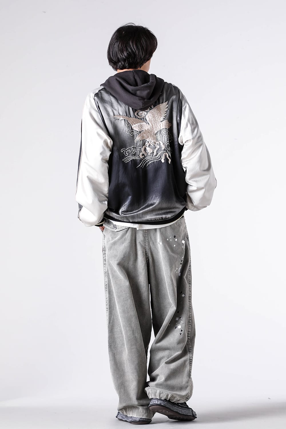 Blouson - 25-26AW - Maison MIHARA YASUHIRO | Eagle Embroidery & Faded Satin. A Modern Hybrid Souvenir Jacket with Integrated Hoodie - Reversible Souvenir Jacket （Black） / J15BL143 6-003