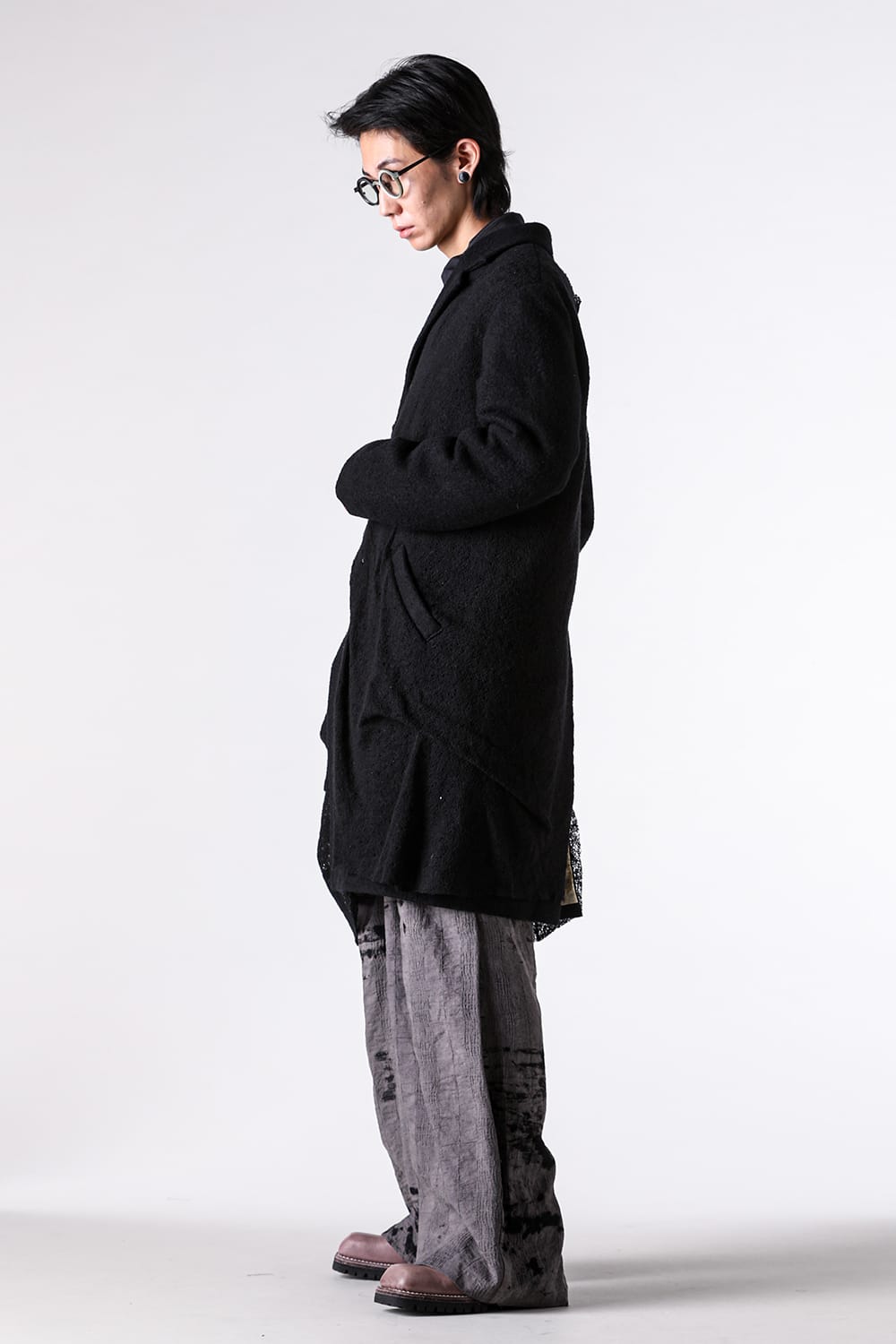 コート特集 - 25-26AW - インポートアルチザンブランド - CHIAHUNG SU | Hand Woven Woolen Patched Drapping Knitting Merino Wool Coat （Black Layering） / AW25-MC15-TDSP 1-0014