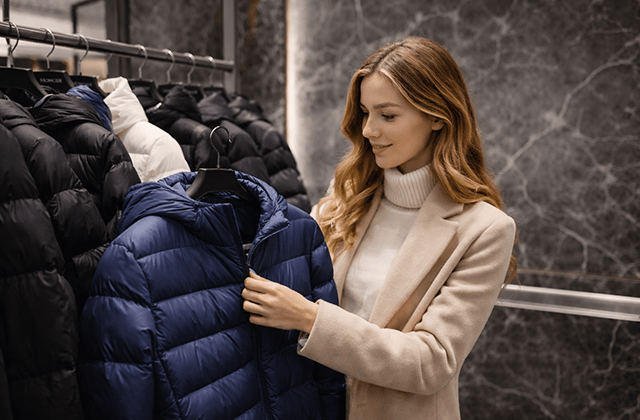 用途別にダウンジャケットを選ぶ女性