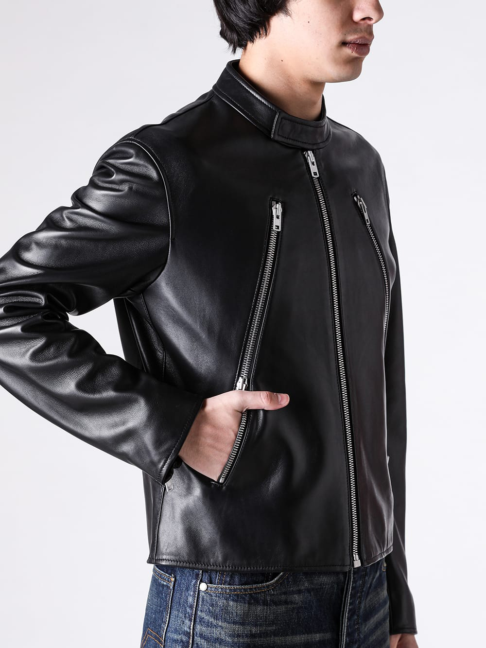 5-Zip Riders Close-up of Diagonal Zips and Front Structure