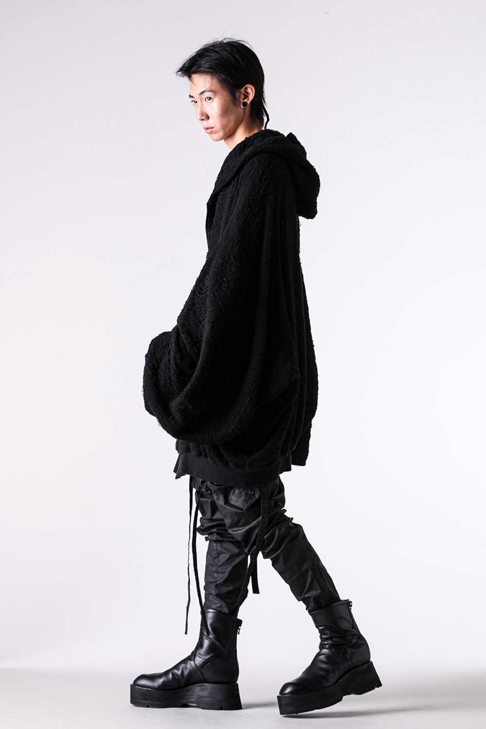 Back and side styling image 2 using the COTTON PILE JACQUARD ZIP UP HOODIE