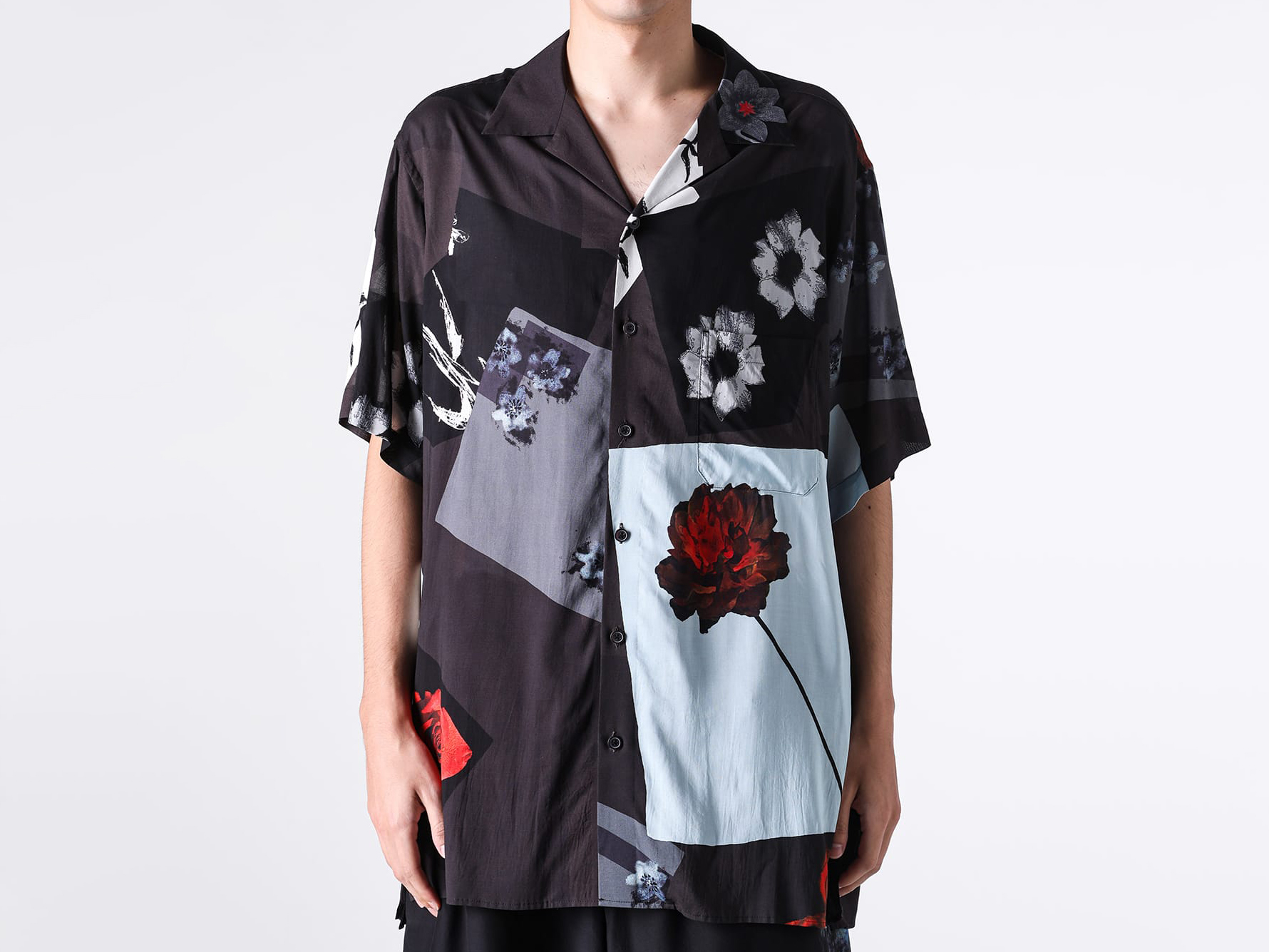 Close-up image of the collar of Ground Y's open collar shirt