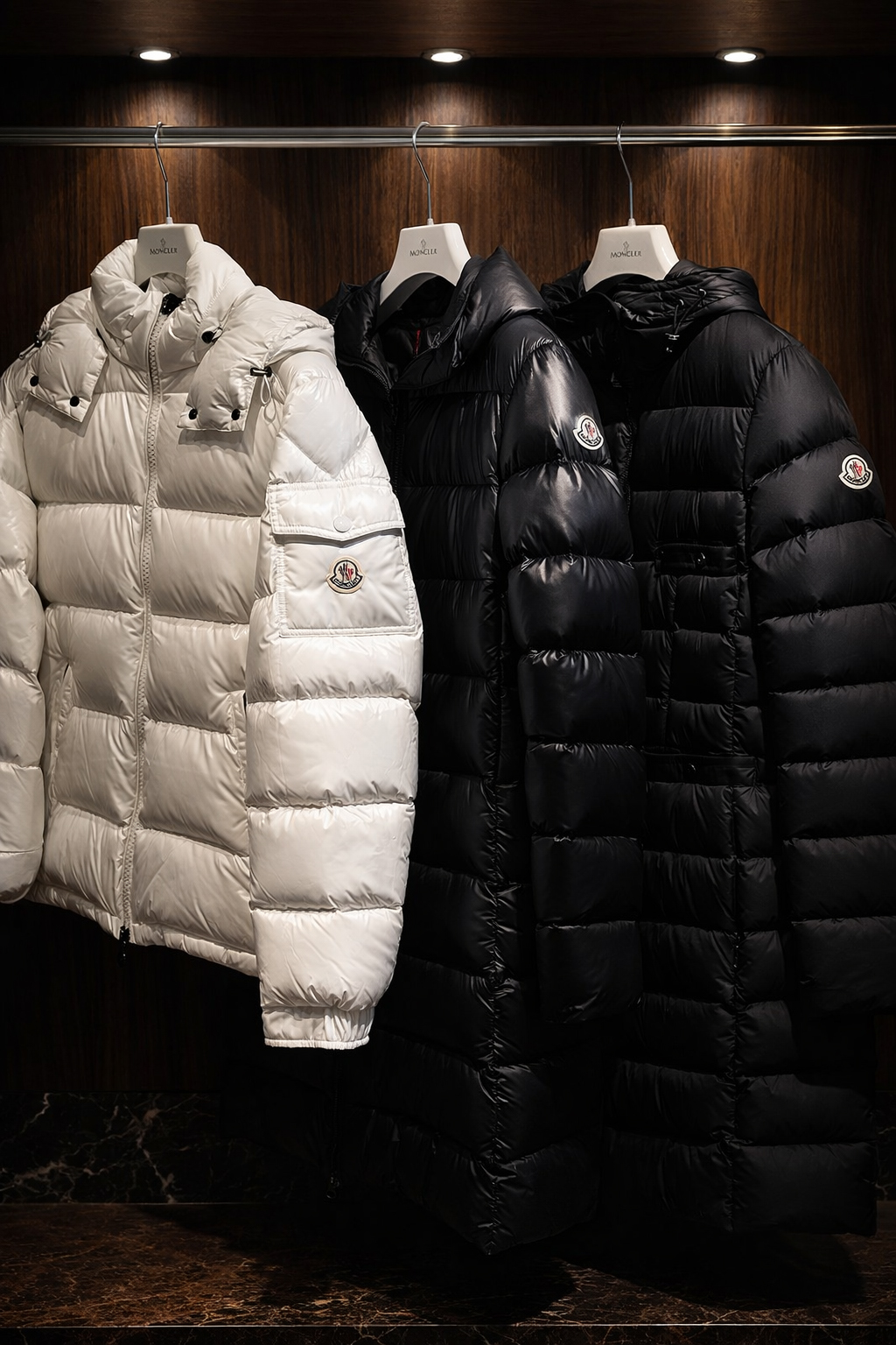 Image of a rack with down jackets of different lengths, or a summary image by scene