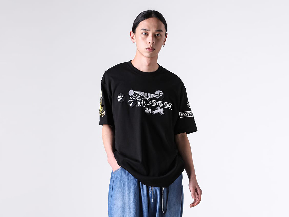 MULTI PATCHED SS TEE (TS107) Multiple Patch Decorations Adorning the Front, Back, and Both Sleeves