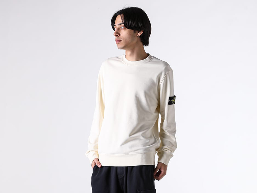 Full-body styling image featuring the STONE ISLAND sweatshirt