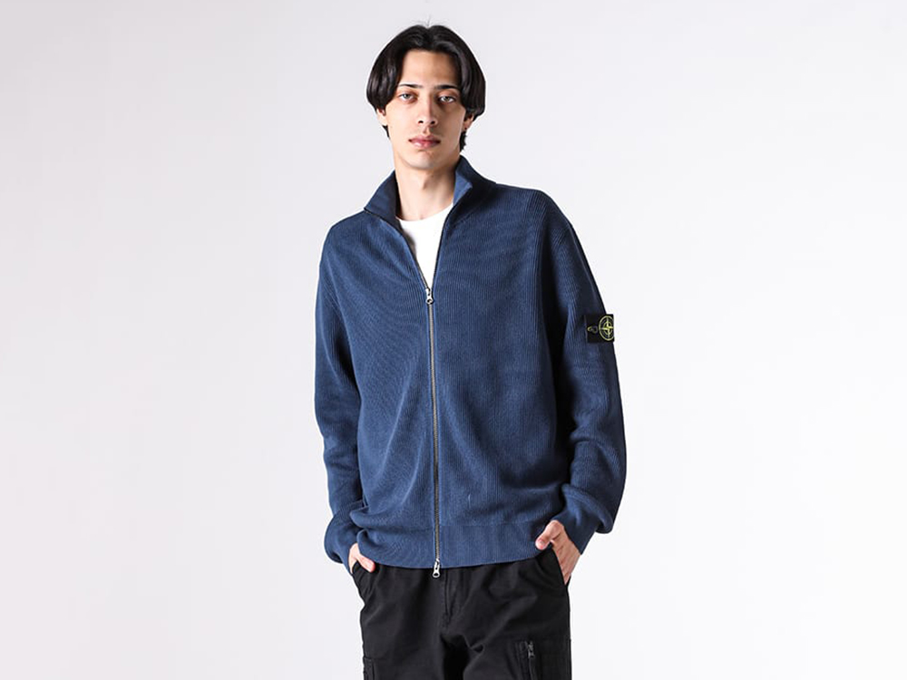 Full view of the STONE ISLAND zip-up cardigan