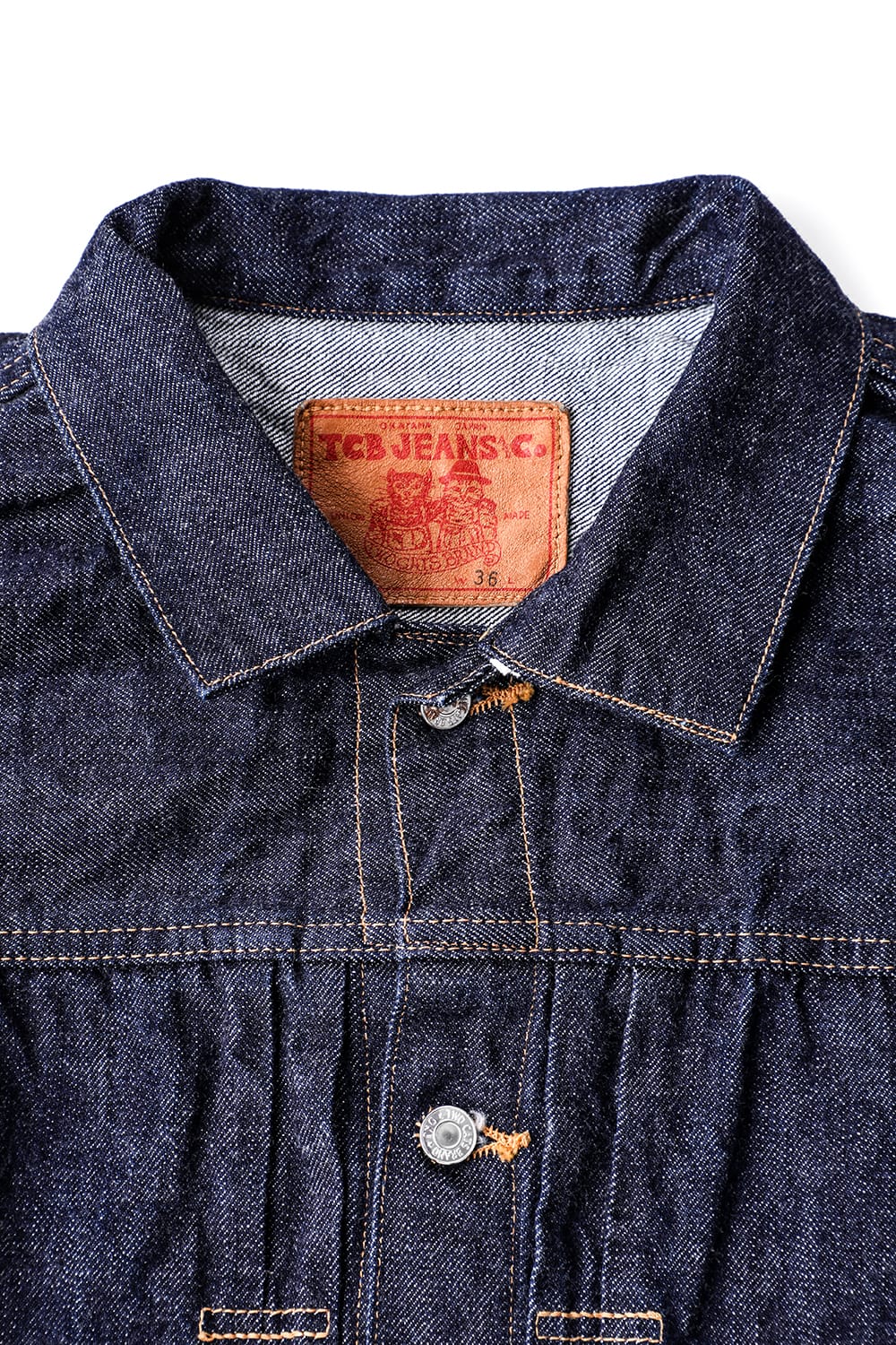 20's Jacketの横に開く襟と前立て、内側の革パッチ
