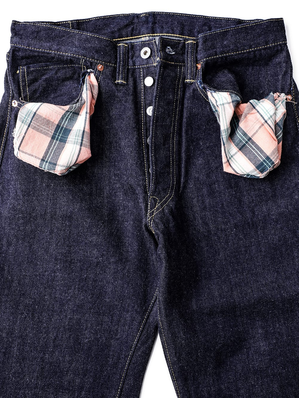 TCB Late S40's Jeansの前ポケットから引き出したチェック柄の袋布