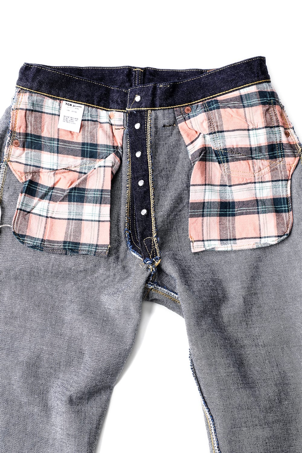 TCB Late S40's Jeansを裏返した左右のチェック柄袋布と前立て