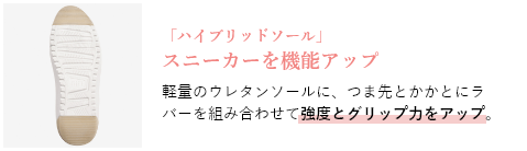 「ハイブリッドソール」スニーカーを機能アップ。軽量のウレタンソールに、つま先とかかとにラバーを組み合わせて強度とグリップ力をアップ。