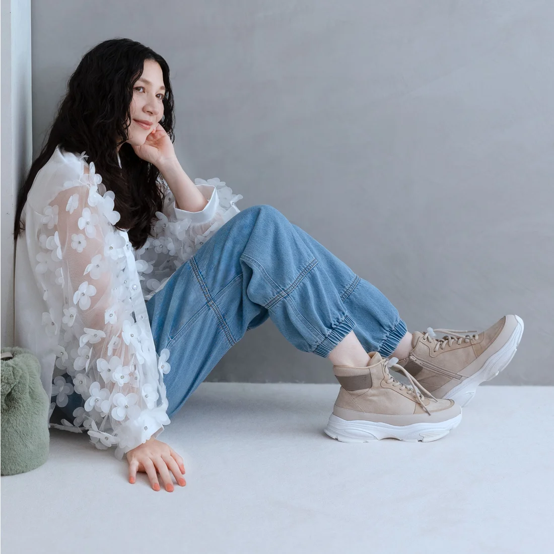 撥水レースアップサイドジップスニーカーブーツ(ベージュスエード)