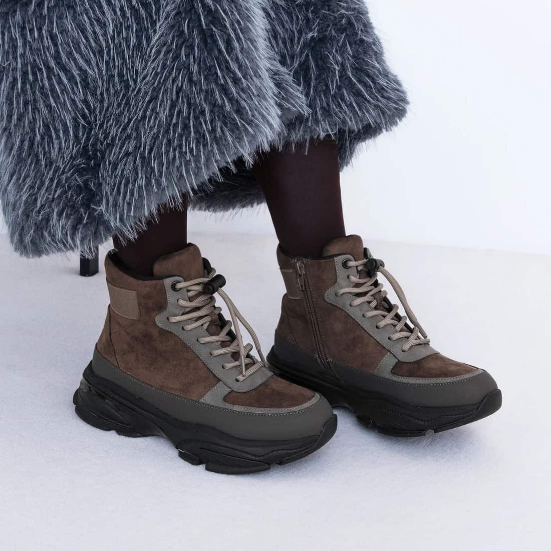 撥水レースアップサイドジップスニーカーブーツ(グレージュスエード)