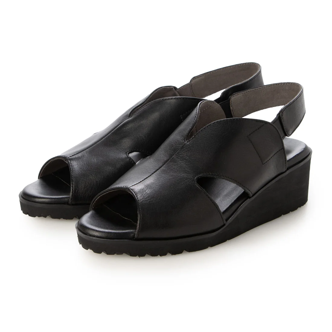 本革深甲スリングバックウェッジサンダル（ブラック）
